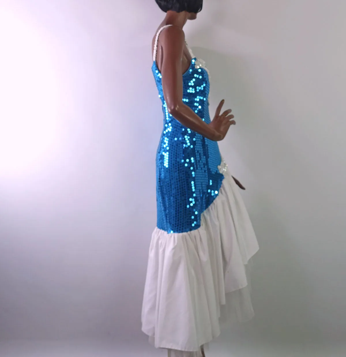 80s Prom Dress Sequined Women's Vintage Turquoise White Paris Sport Club XS/S Dance Party VFG