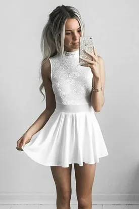 A-Line High Neck White Chiffon Homecoming Dress with Lace  PD011