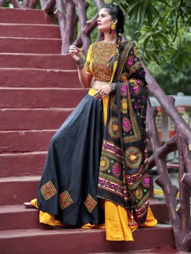 Black and Yellow Soft Cotton Navratri Special Ghagra Choli ( IND-KF-1075 )