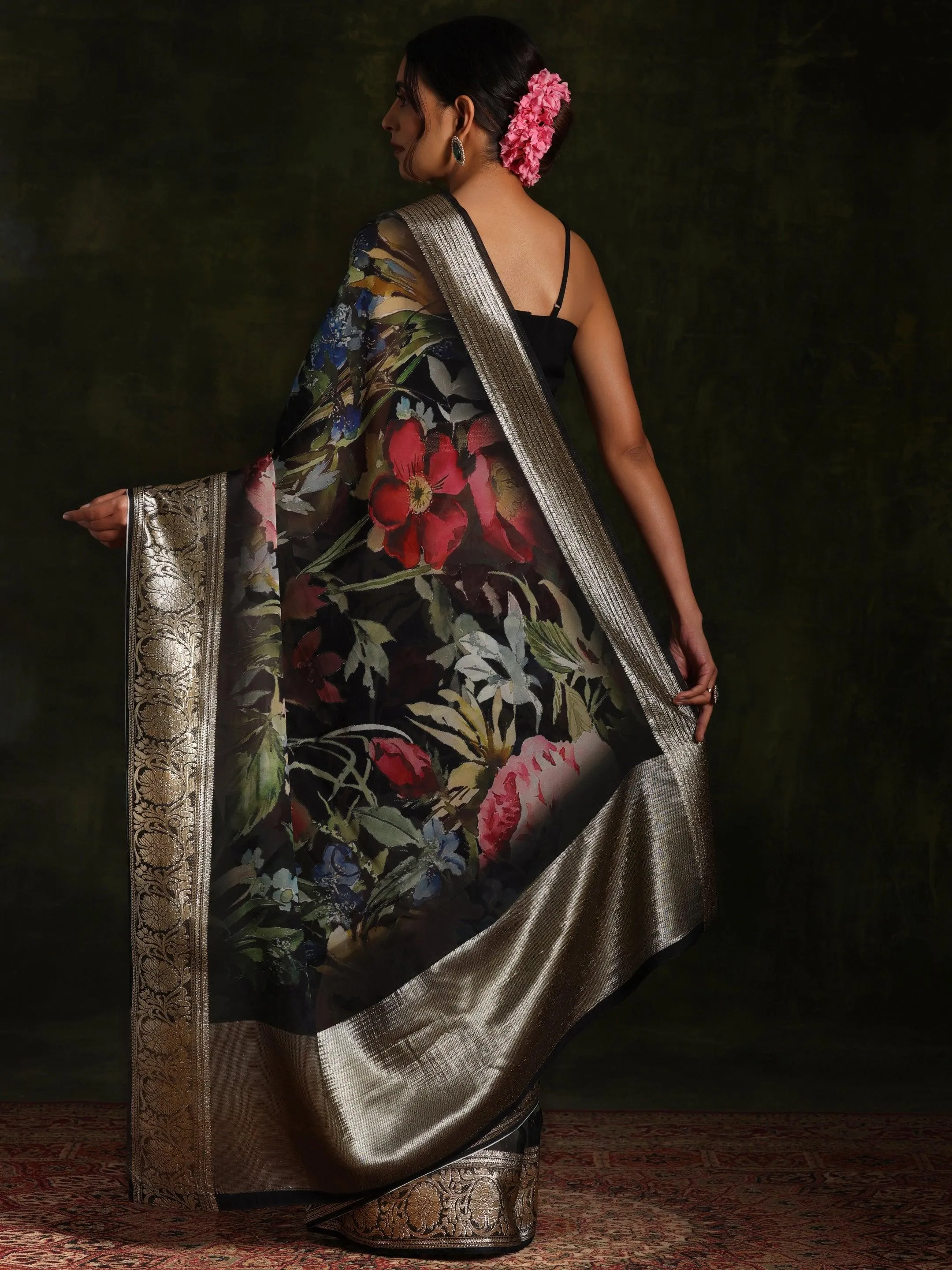 Black Printed Organza Saree With Unstitched Blouse Piece