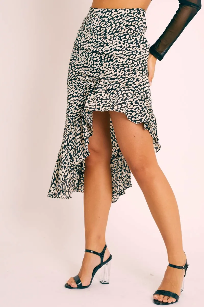 Black White Leopard Print Frilled Hem Midi Skirt - Julia