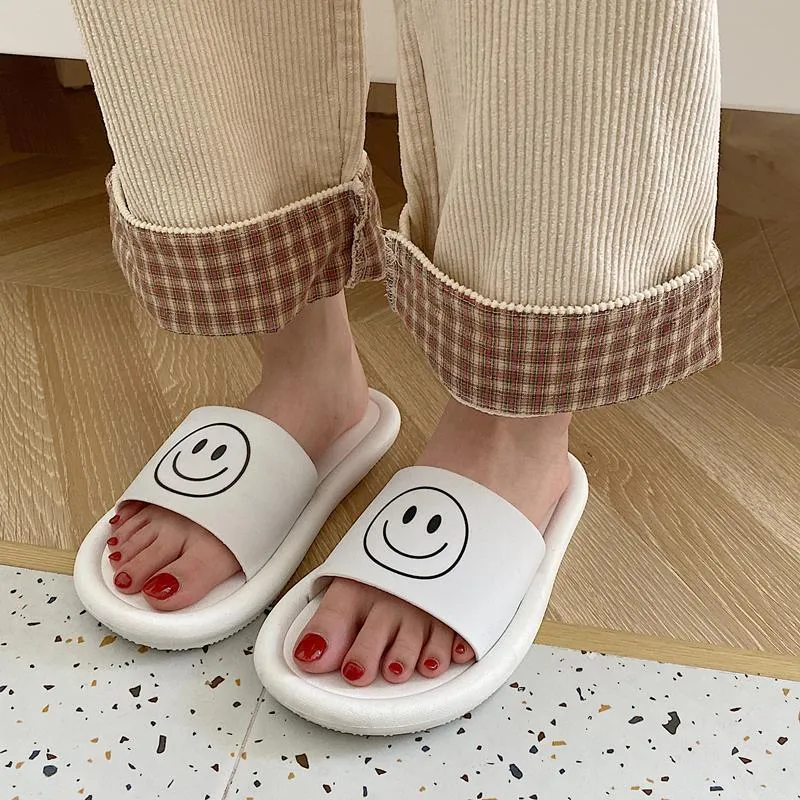 Black White Yellow Smile Print Rubber Slipper Sandals