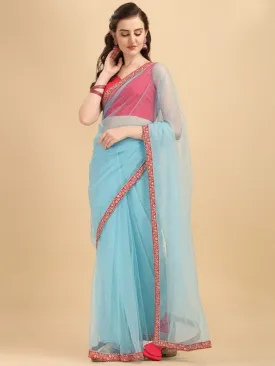 Blue & Red Embroidered Net Saree