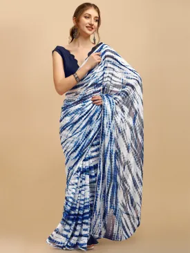 Blue & White Tie and Dye Poly Chiffon Saree