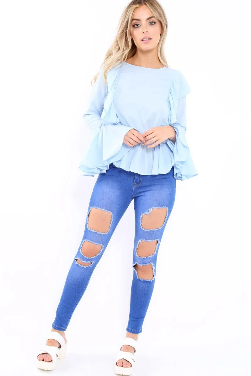 Blue Frill Hem Blouse - Alexis