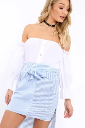 Blue Pinstripe Dip Hem Bow Tie Skirt - Stacie