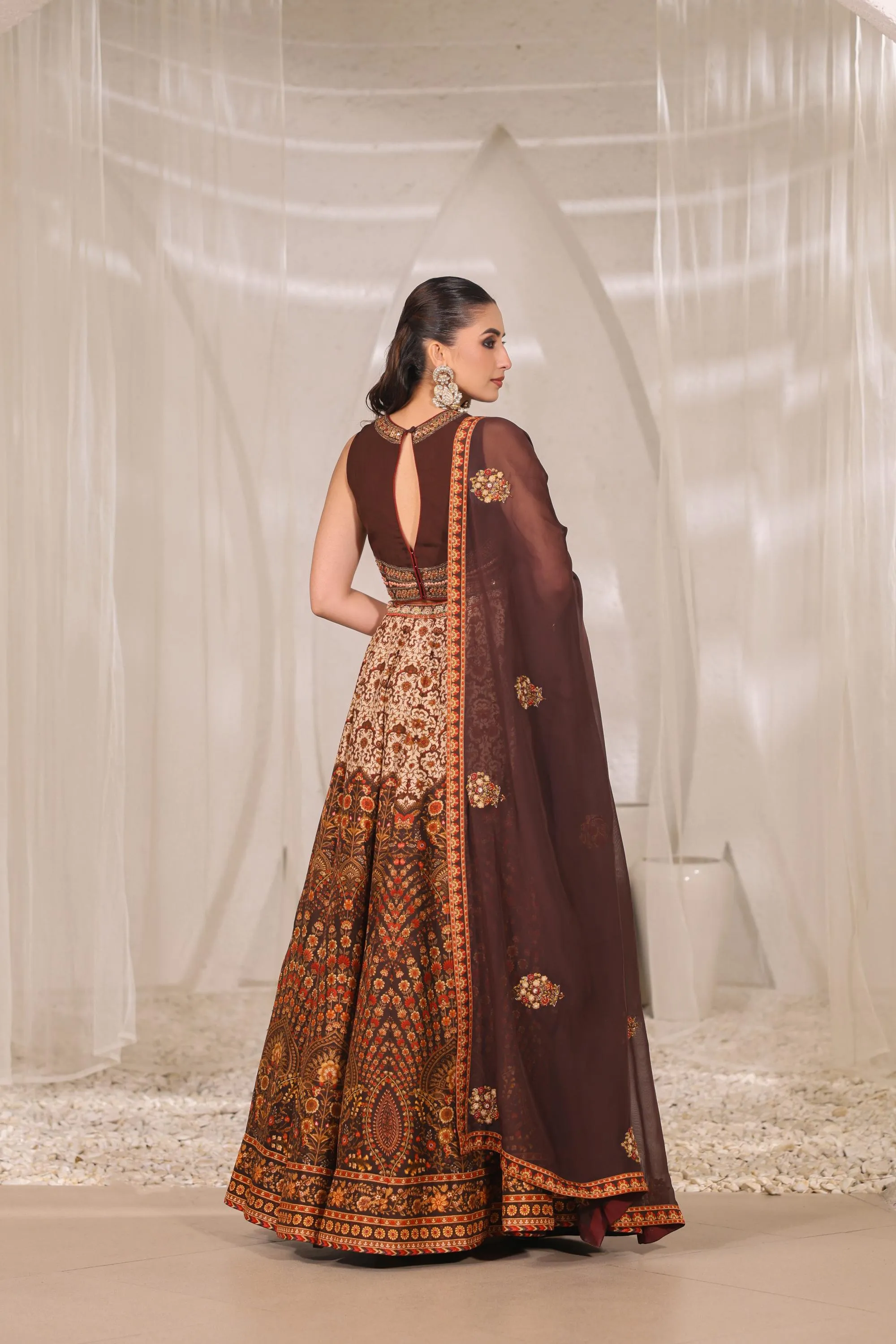 Dark Brown Traditional Printed Raw Silk Lehenga Set