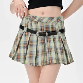 Double Belt Plaid Pleated Skirt in Green