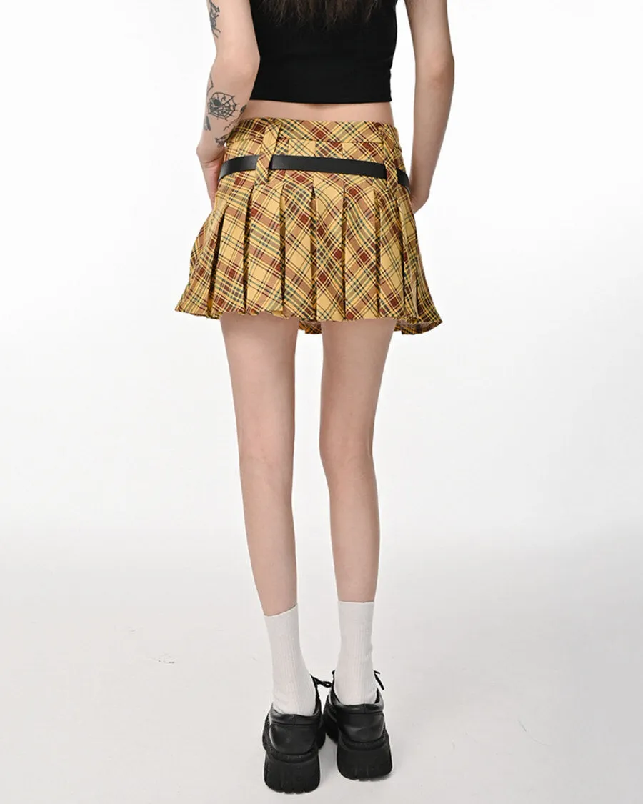 Double Belt Plaid Pleated Skirt in Yellow