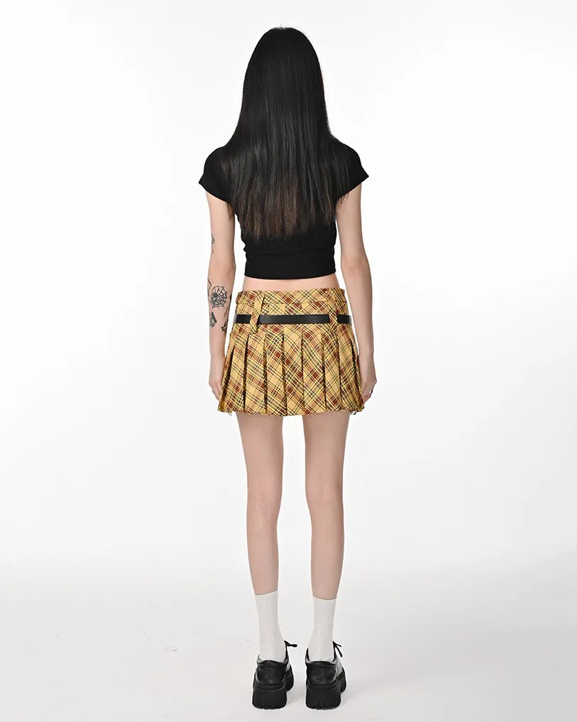 Double Belt Plaid Pleated Skirt in Yellow