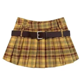 Double Belt Plaid Pleated Skirt in Yellow