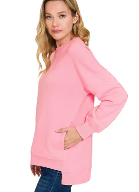 Fleece Hi Low Boyfriend Sweatshirt in Dark Pink by Zenana