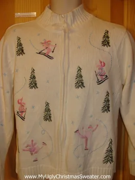 Funny Christmas Sweater Pink Skiing and Skating Girls