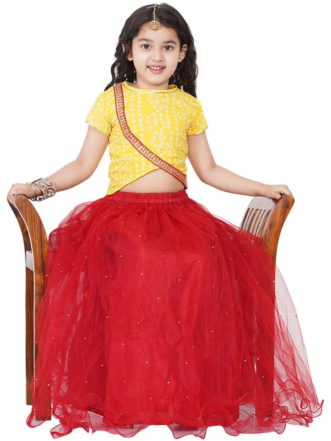 Girls Yellow & Red Printed Ready To Wear Lehenga Choli