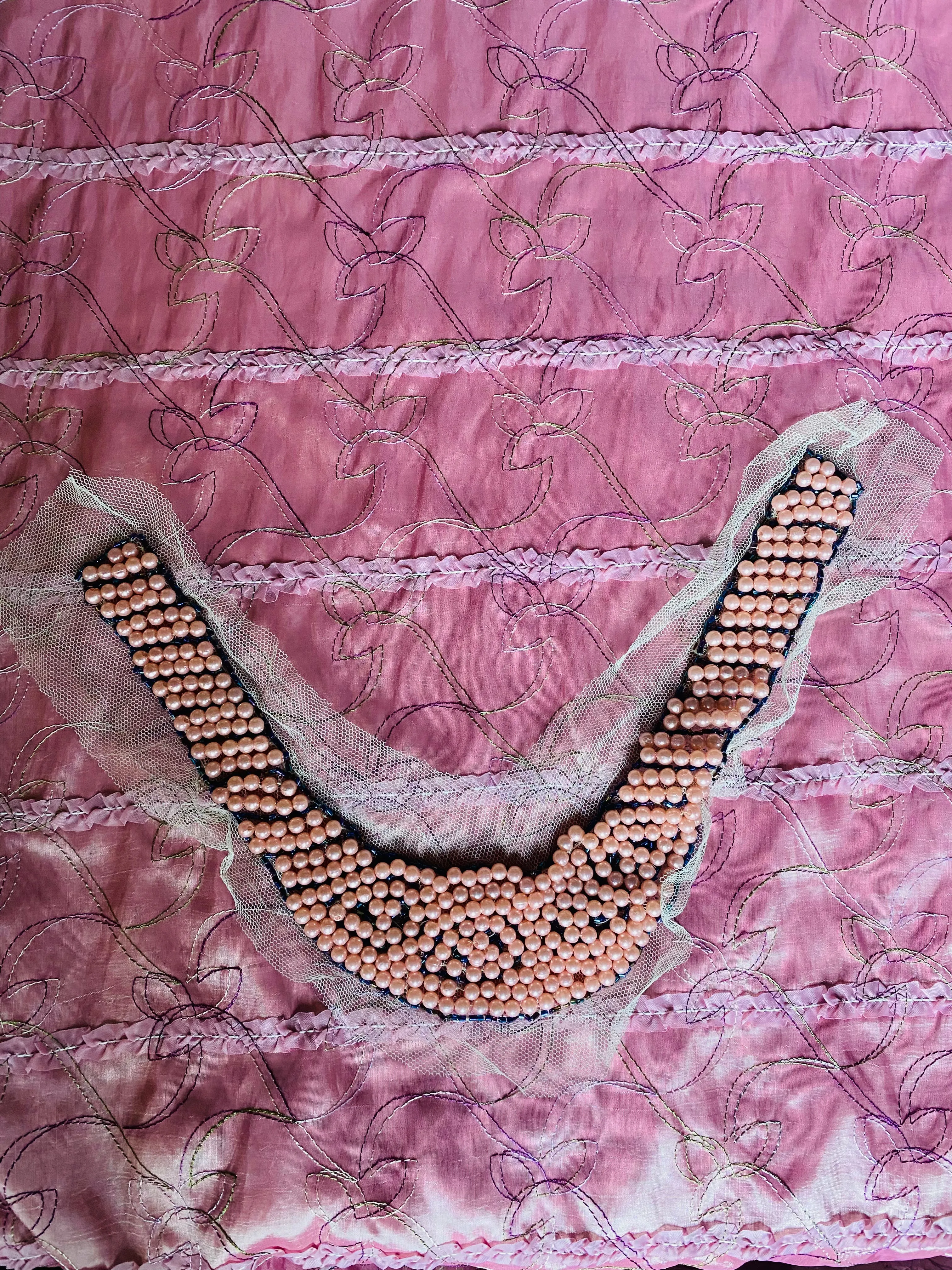 Haggle: THE PRINCESS PEARL Pink Pearl Beaded Appliqué on White Mesh Lace