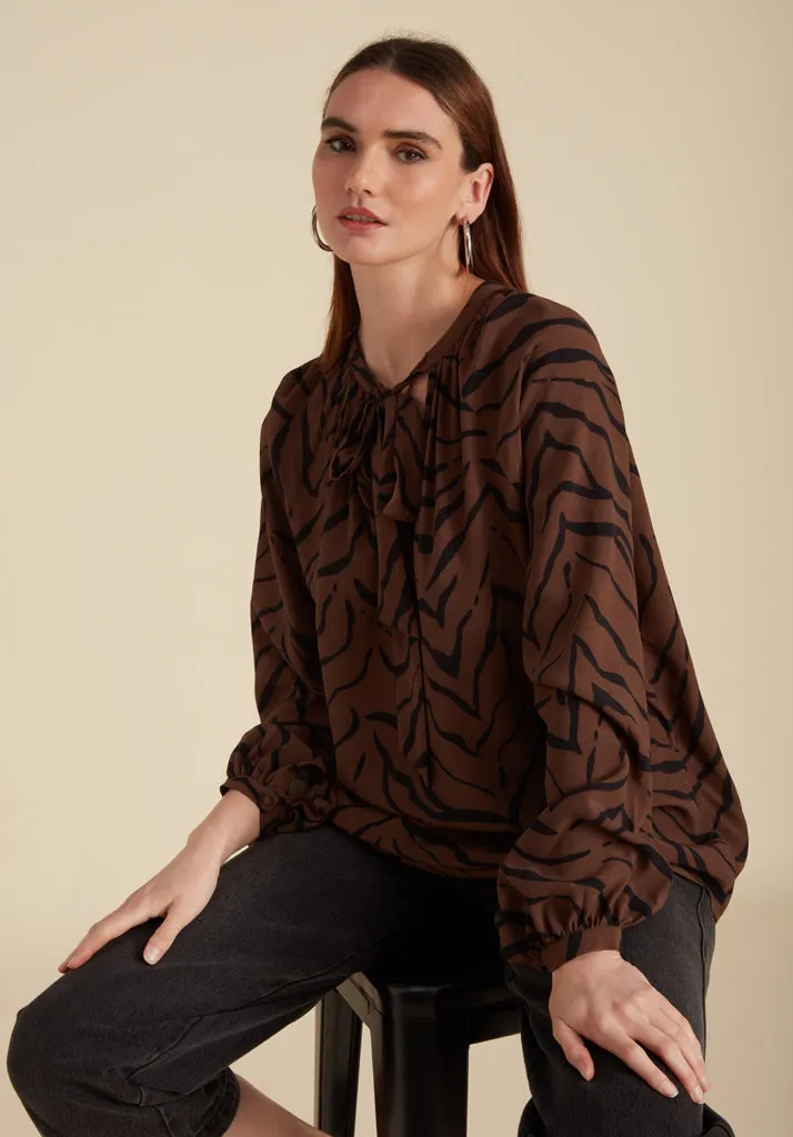 Helena Bow Detail Tiger Print Blouse In Brown