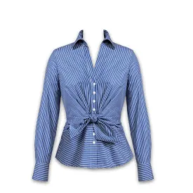 J. Peterman Women's 1950's Tie-Front Blouse in Blue Pinstripe