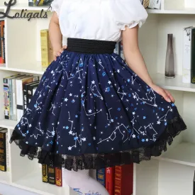 Kawaii Mori Girl Short Skirt Sweet Navy Blue Starry Night Printed Skater Skirt for Women