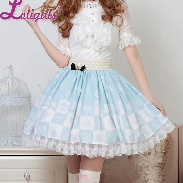 Light Sky Blue Sweet Checkered Elastic Waist Lolita Skirt For Lady with Crowned Bow