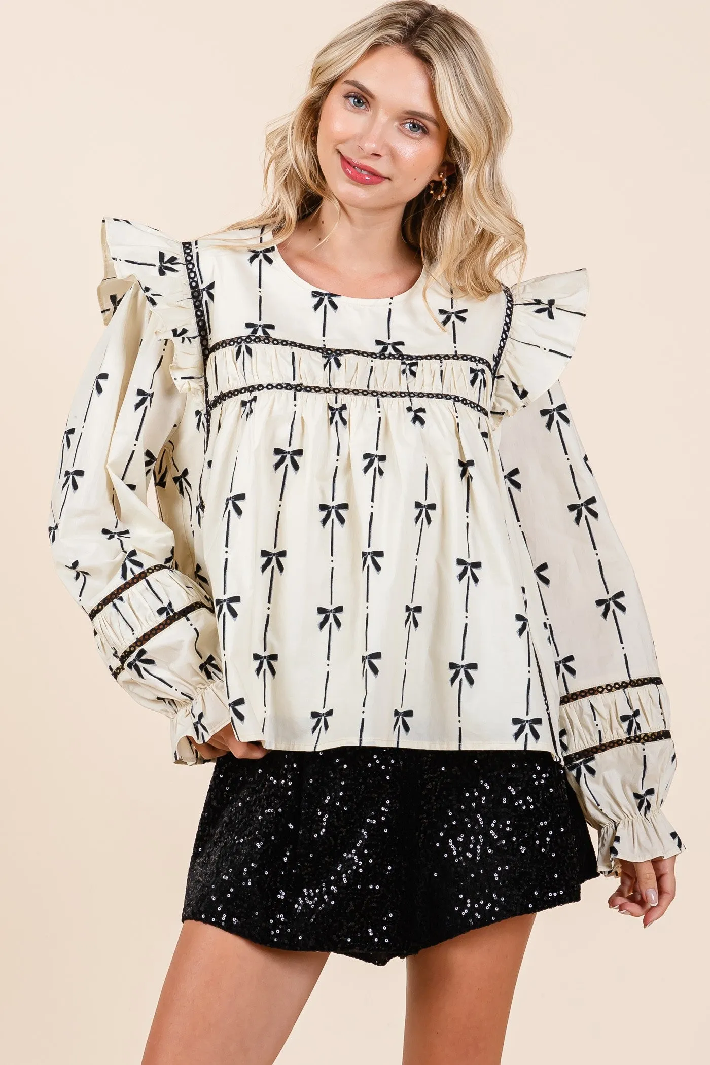 Manny Ribbon Bow Print Long Sleeve Blouse Top [S-3X]