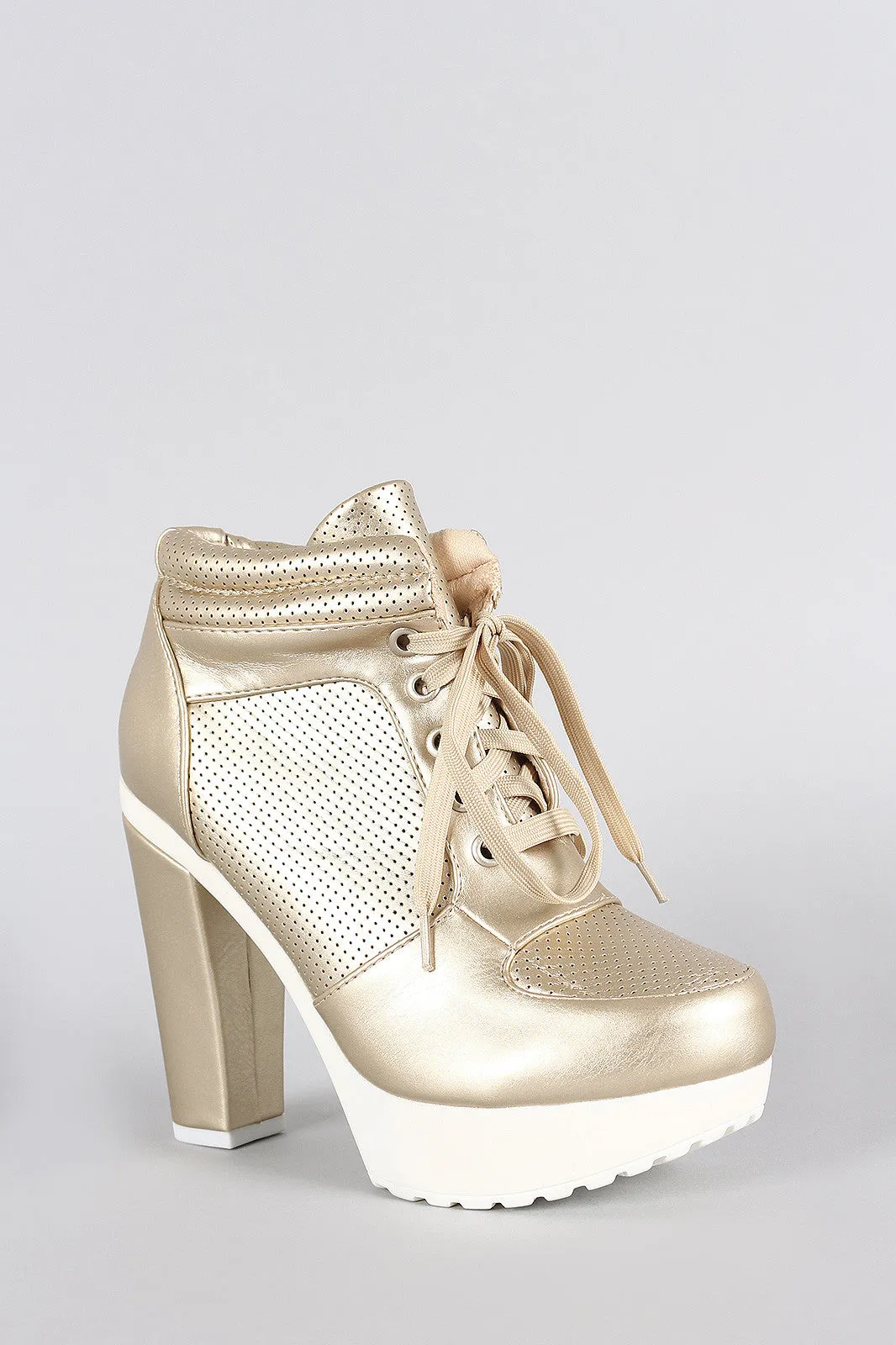 Metallic Perforated Lace Up Lug Sole Platform Heeled Sneaker