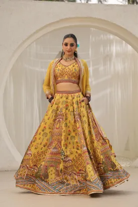 Mustard Yellow Traditional Printed Cape Lehenga Set