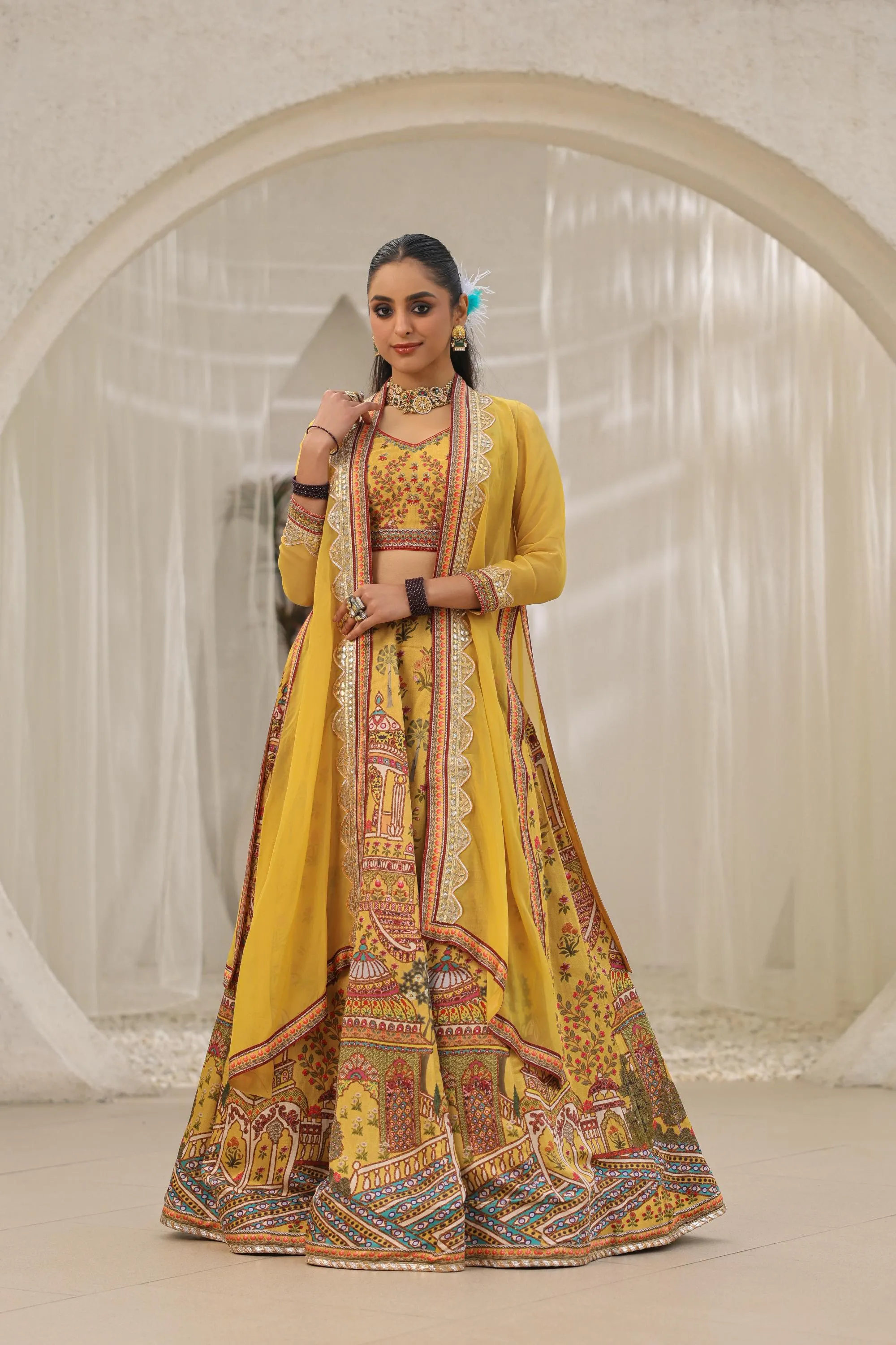 Mustard Yellow Traditional Printed Cape Lehenga Set