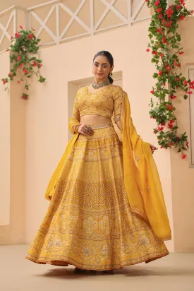 Mustard Yellow Traditional Printed Raw Silk Lehenga Set