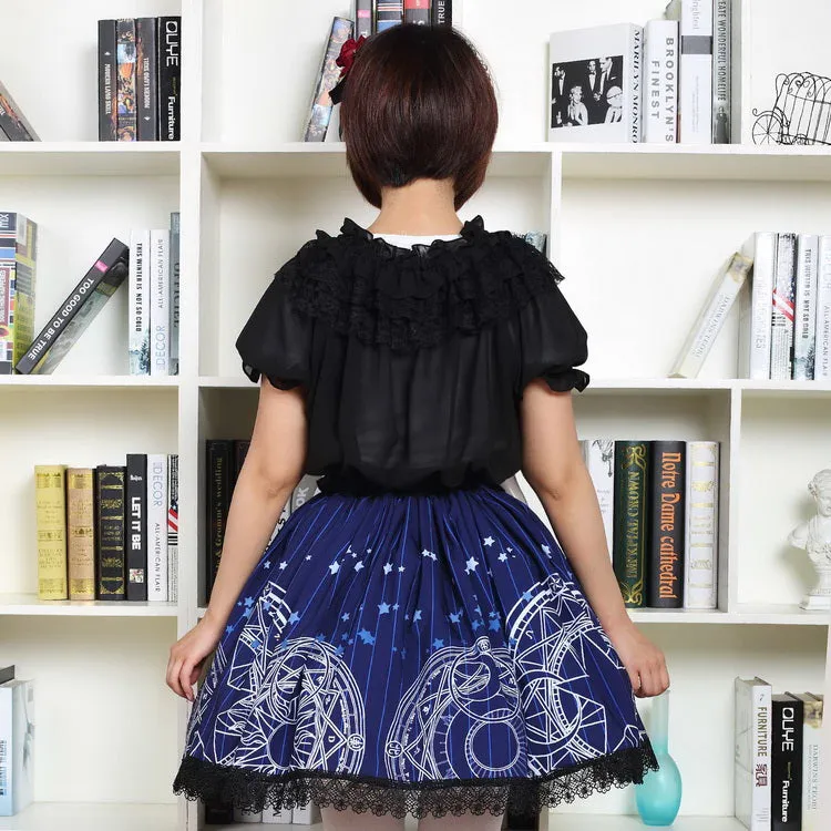 Navy Blue Gothic Short Skirt Japanese Style Magic Circle and Stars Printed Pleated Lolita Skirt