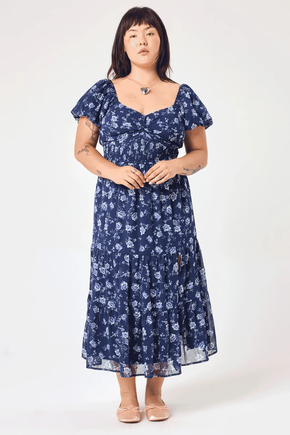 Navy Floral Puff Sleeve Twist Midi Dress