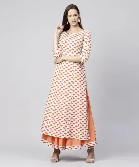 Off White Printed 3/4Th Sleeve Cotton Kurta With Ankle Length Flared Skirt