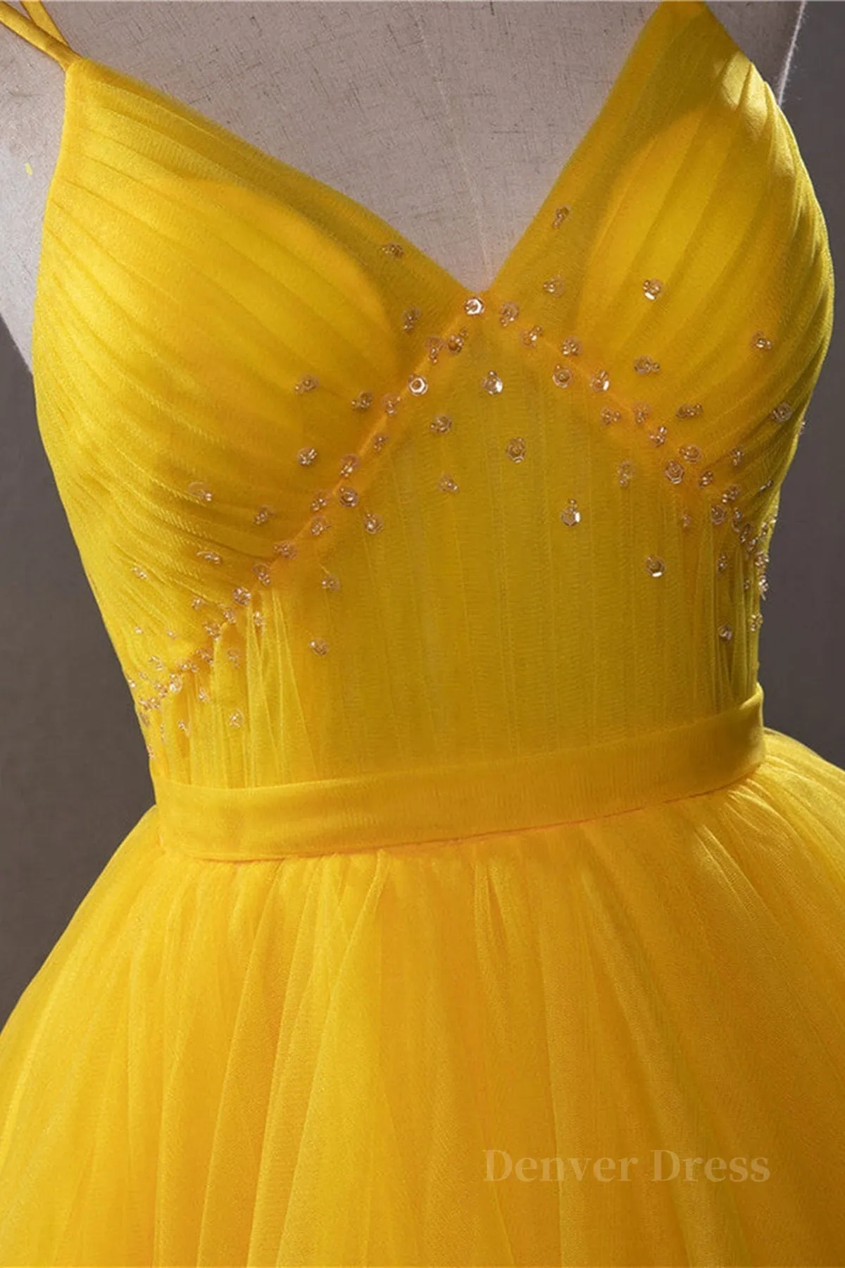 Open Back V Neck High Low Yellow Tulle Long Prom Dress High Low Yellow Formal Evening Dress