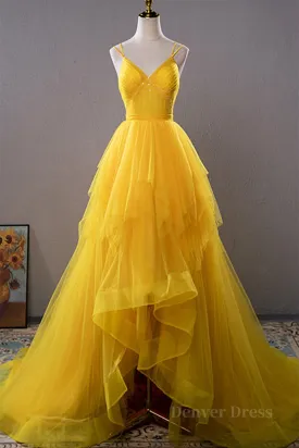 Open Back V Neck High Low Yellow Tulle Long Prom Dress High Low Yellow Formal Evening Dress