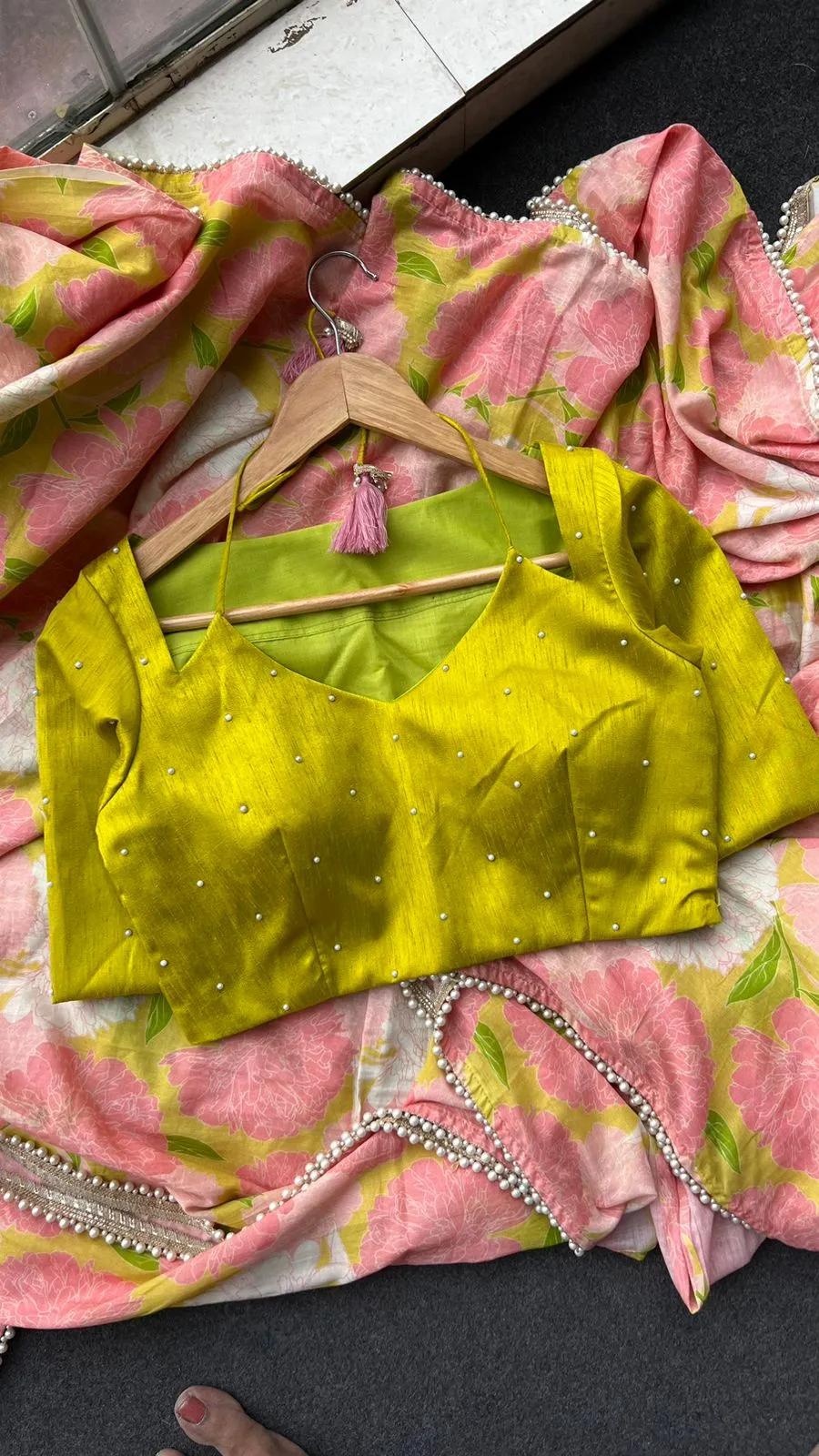 Pink floral cotton saree with lime yellow silk hand work blouse