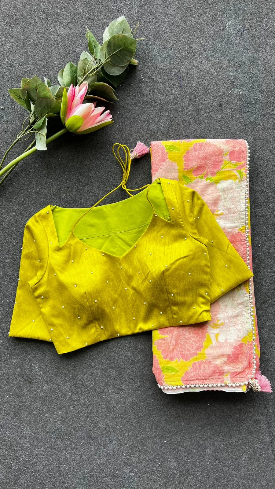 Pink floral cotton saree with lime yellow silk hand work blouse