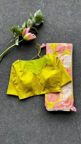 Pink floral cotton saree with lime yellow silk hand work blouse