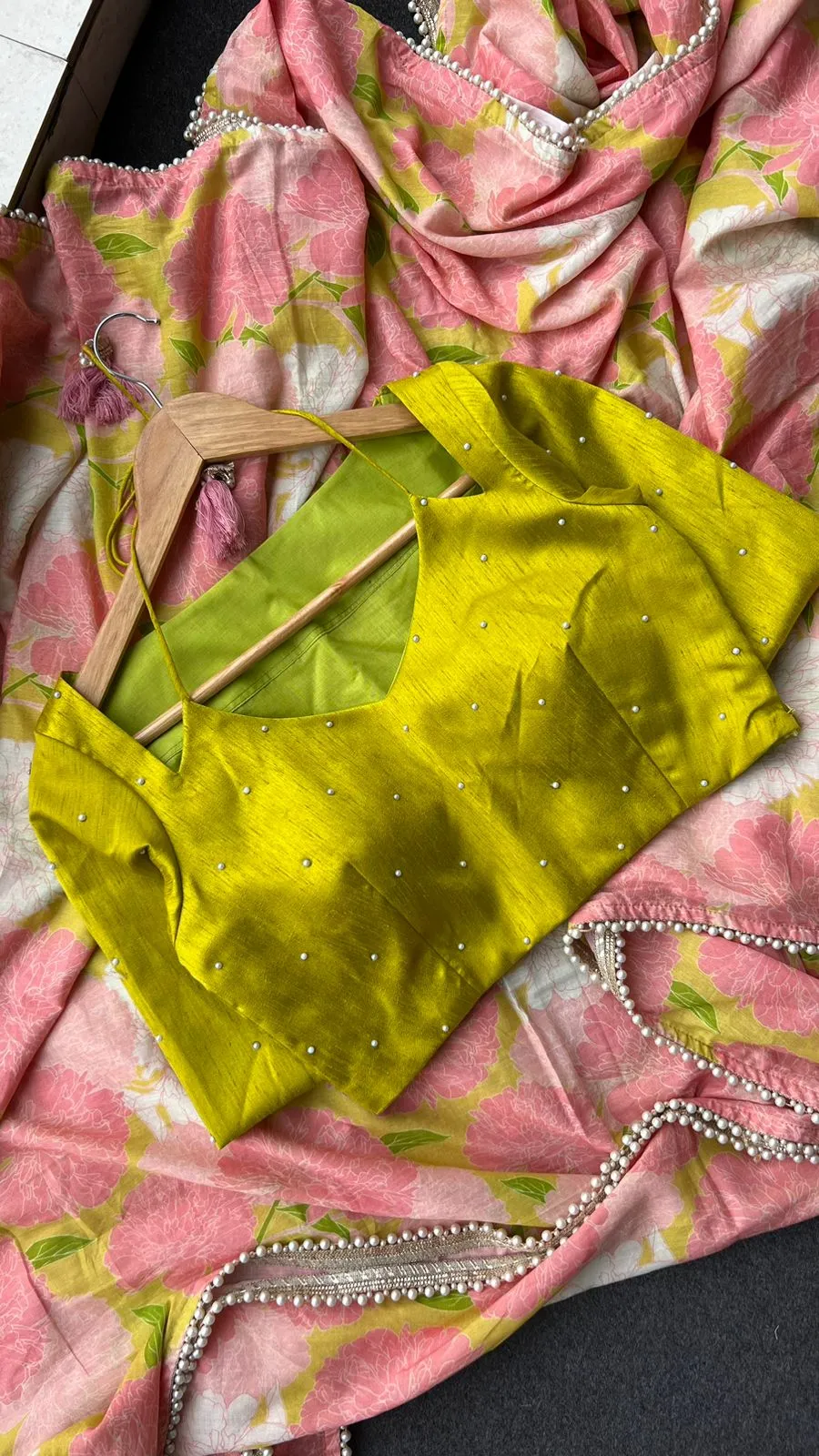 Pink floral cotton saree with lime yellow silk hand work blouse