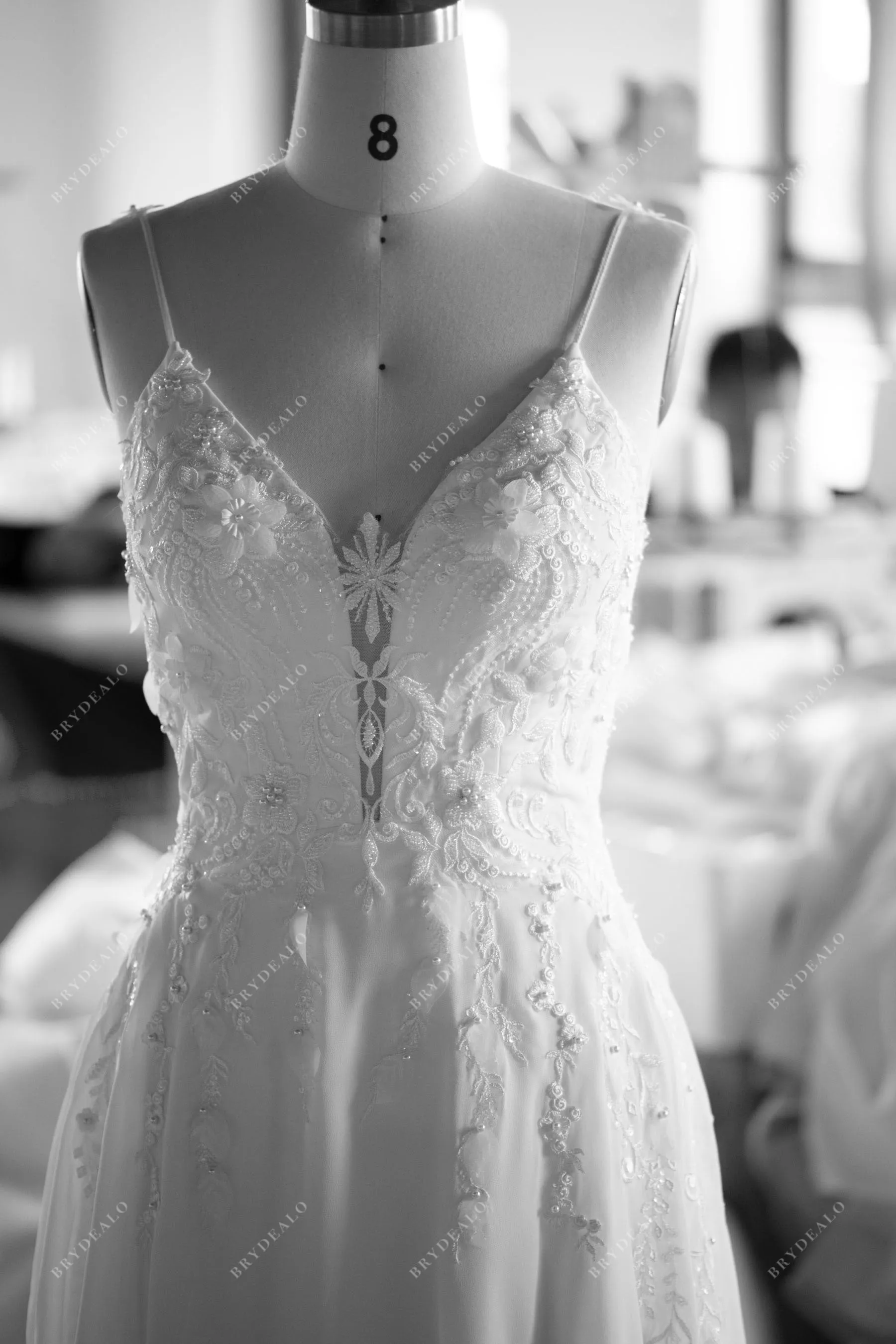 Plunging Neck Designer Hollow Train 3D Flower Lace Boho Wedding Dress