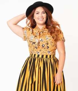 Plus Size Retro Orange Halloween Print Bow Blouse