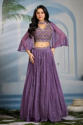 Purple Embellished Chinon Silk Cape-Skirt Set