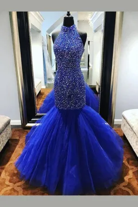 Royal Blue Rhinestones Prom Dress Mermaid Tulle Skirt,Celebrity Dress