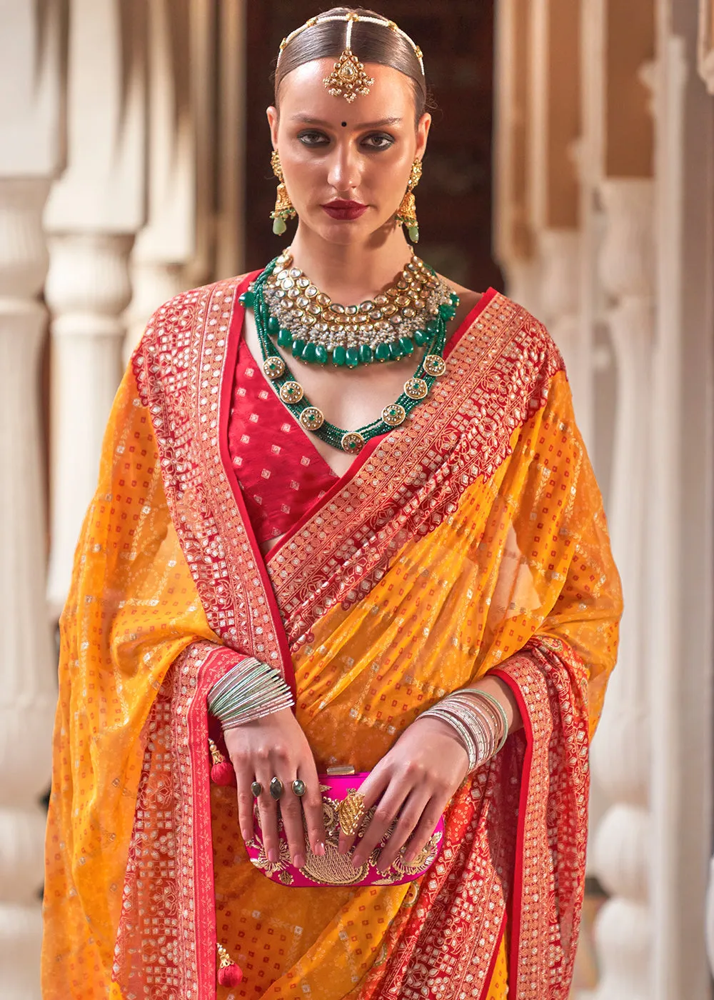 Saffron Yellow Leheriya Printed Georgette Saree with Gota Patti work