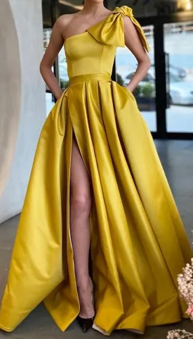 Satin Yellow Prom Dress With Bow Single Shoulder