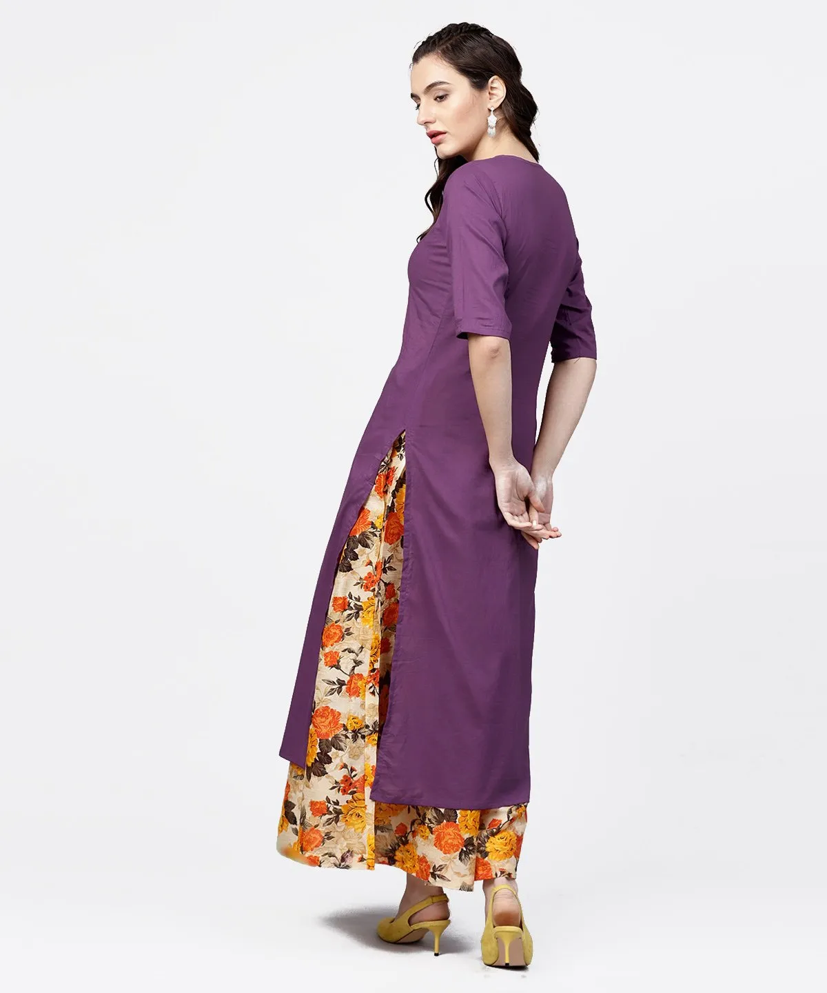 Solid Short- Round Neck With A Slit 3/4Th Sleeved Kurta With Floral Printed Skirt Set