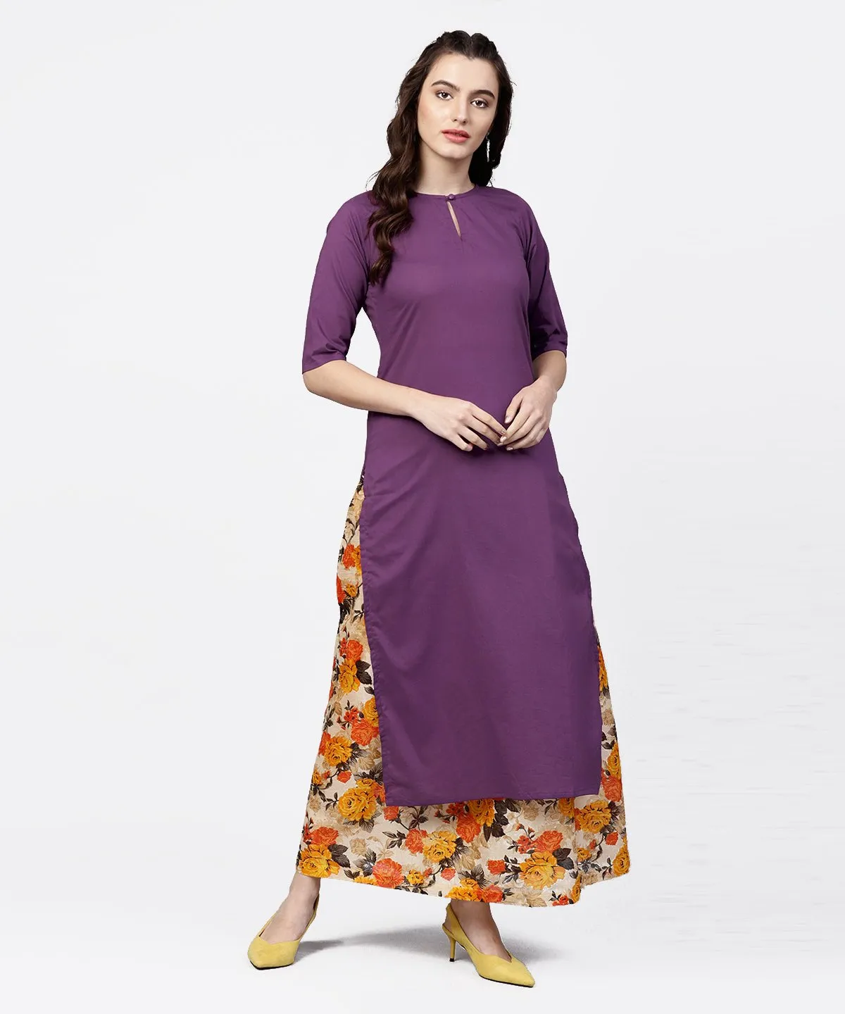 Solid Short- Round Neck With A Slit 3/4Th Sleeved Kurta With Floral Printed Skirt Set