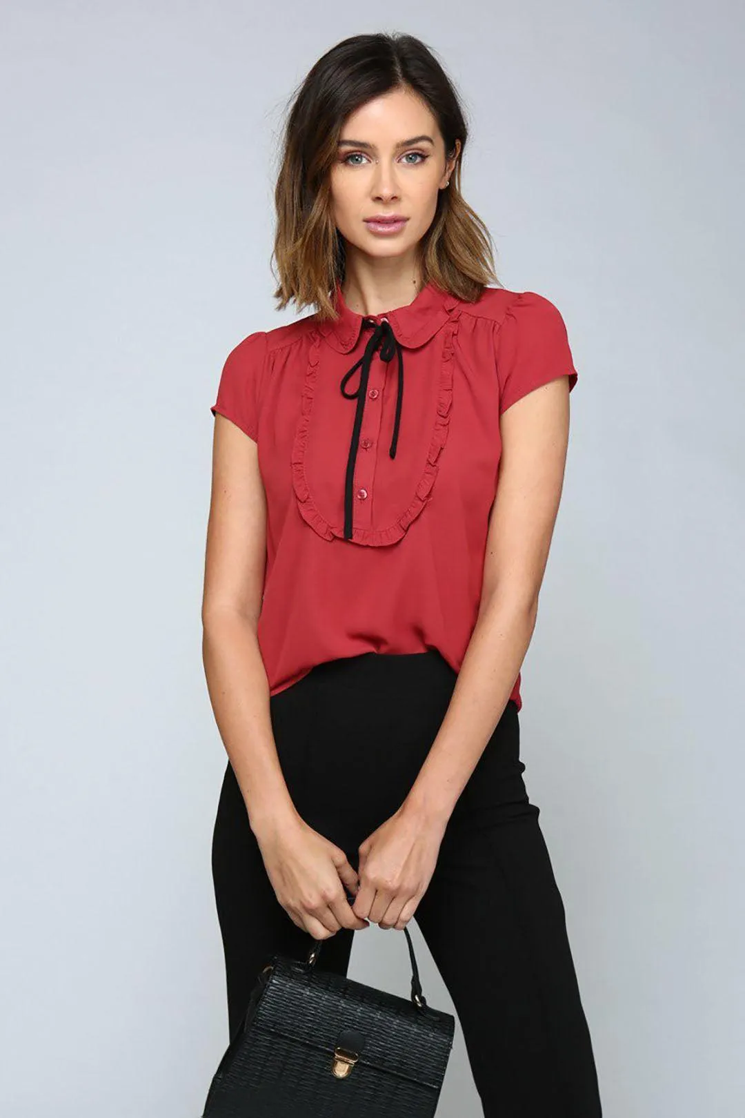 Spice Red Short Sleeve Ruffle Tie Blouse