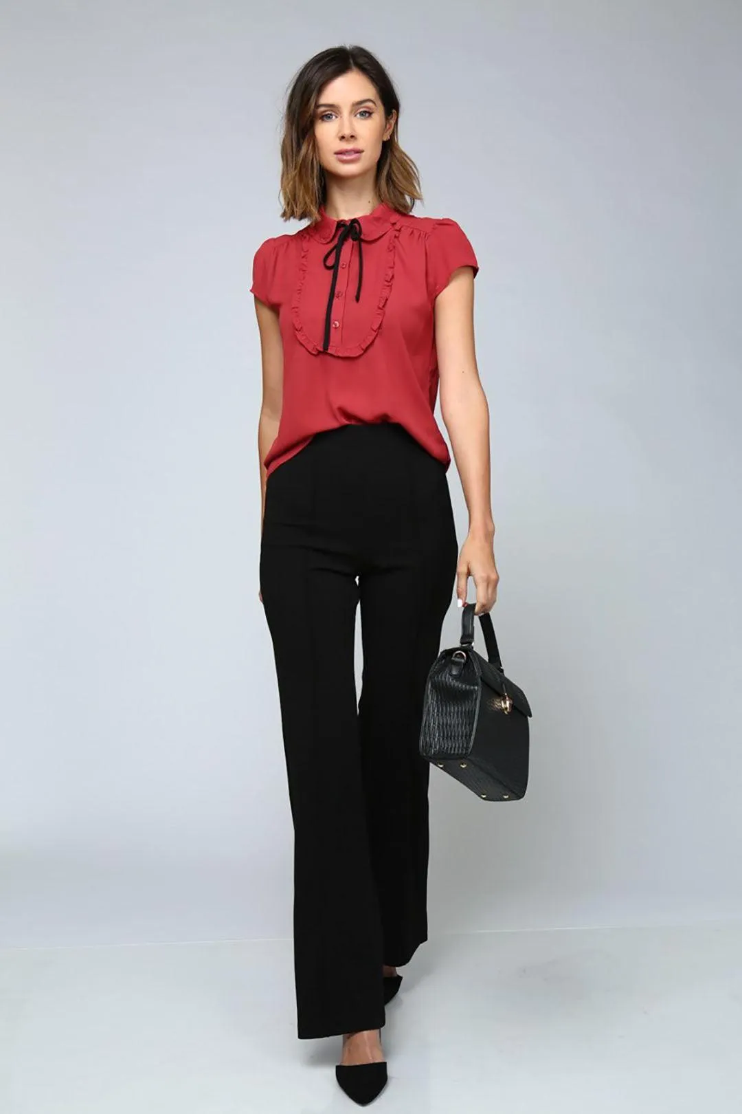 Spice Red Short Sleeve Ruffle Tie Blouse