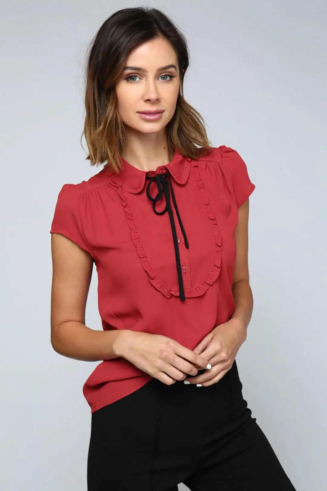 Spice Red Short Sleeve Ruffle Tie Blouse