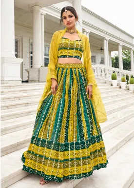 Superb Green & Yellow Bandhani Printed Wedding Lehenga Choli