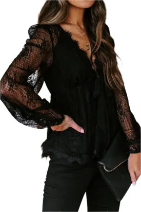 TEEK - Lace Plunge Long Sleeve Blouse